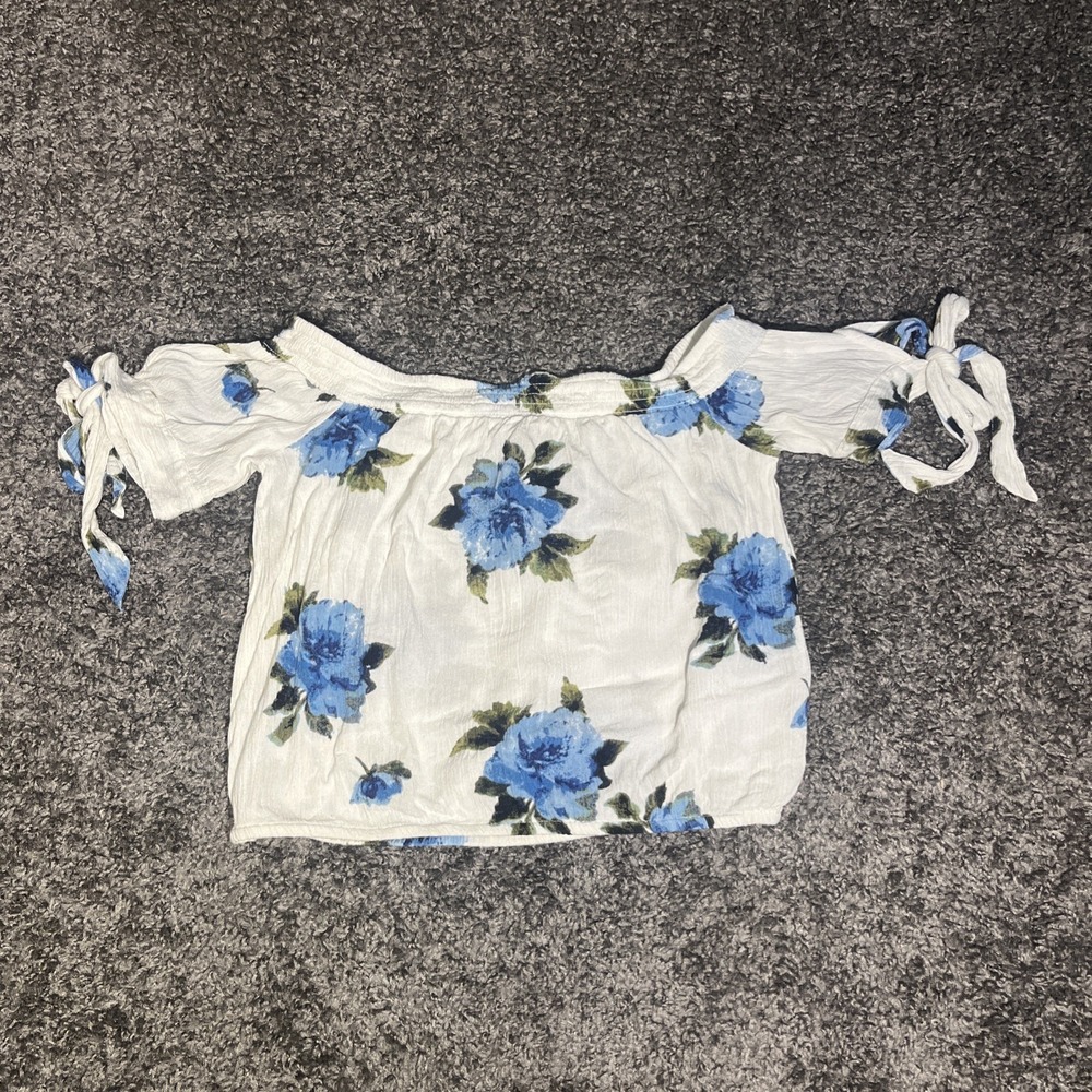 Kendall And Kylie White With Blue Flowers‎ Crop Top Size Small Tie Sleeves